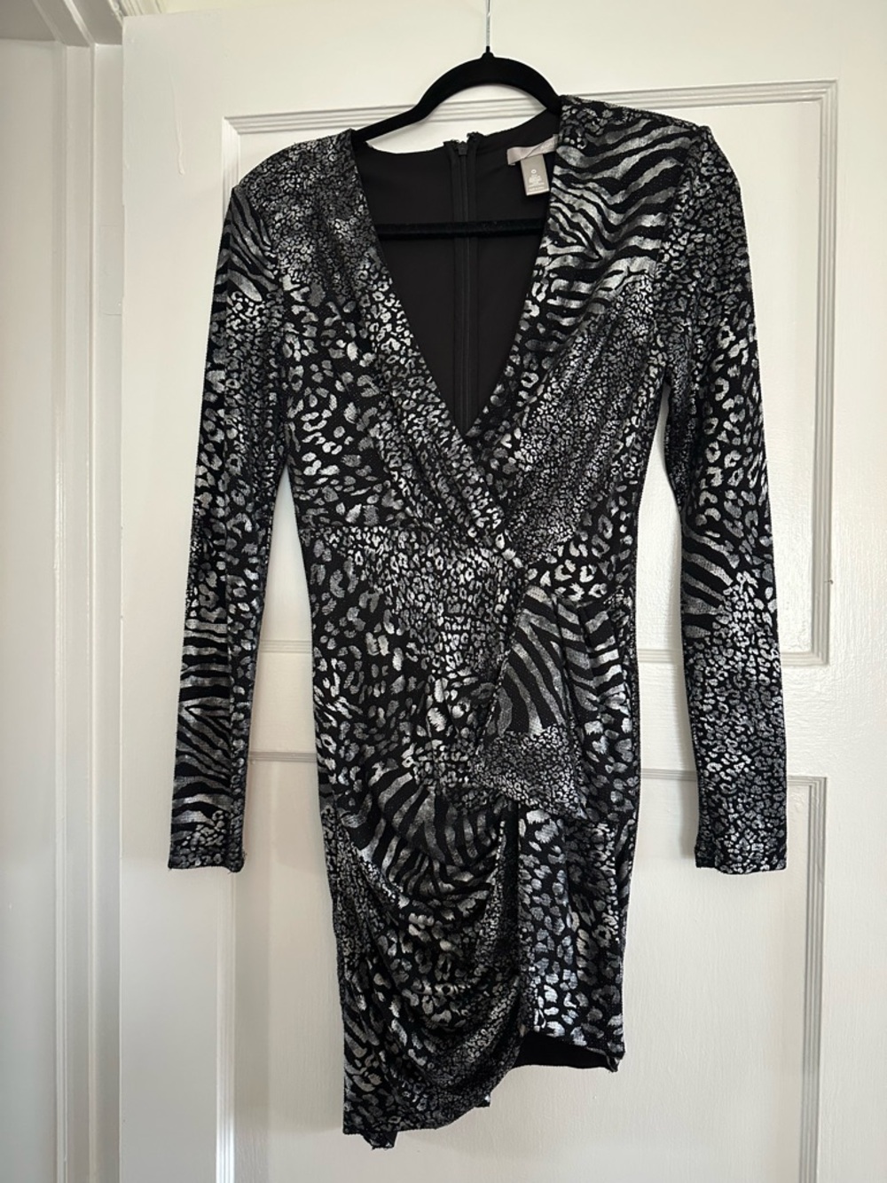 Aqua Black & Silver Animal-Print Wrap-Style Long Sleeve Dress